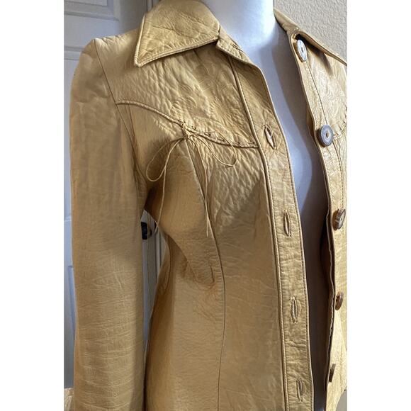 Vtg Santa Fe Leather floral embossed Shirt jacket womens S tan western boho USA - Picture 16 of 16